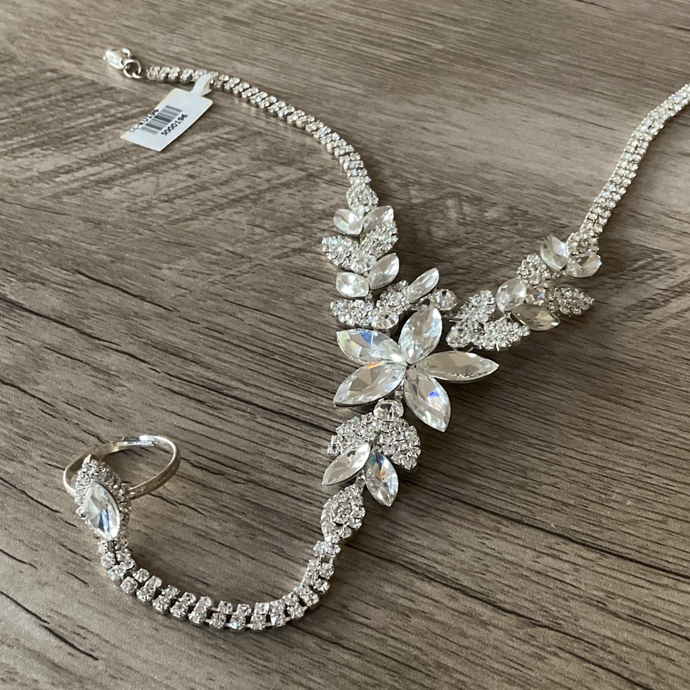 Crystal Floral Silver Bracelet-Handpiece - Women's Jewelry